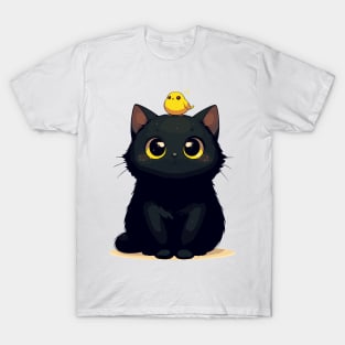 Cute Black Cat And Yellow Bird T-Shirt